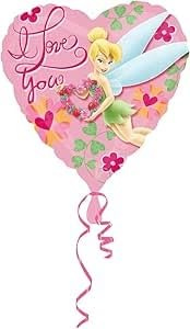 Pallone TINKER BELL Trilli la fatina di Peter Pan - PALLONCINO in foil Mylar - 45CM - sagoma cuore rosa con scritta I love you - gonfiabile ad aria o elio - FORNITO SGONFIO