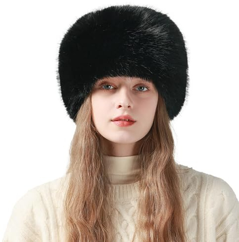Fjquamitix Women's Plush Fur Hat, Winter Warm Fur Headband with Hood, Russian Style Long Pile Faux Fur for Daily＆Outdoor (UK, Alpha, One Size, Black)