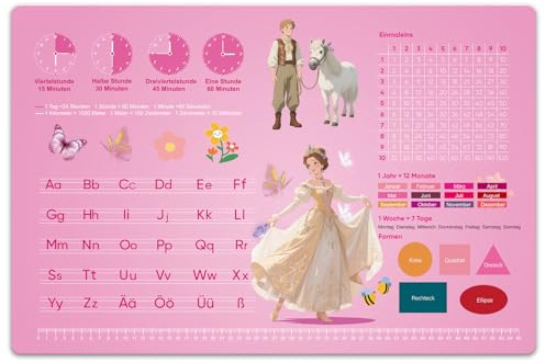 Schreibtischunterlage Mädchen 60x40 cm Prinzessin - Abwischbare Lernunterlage aus Leder für Kinder mit Alphabet & Einmaleins | Rutschfeste Desk Mat für Schule & Kinderzimmer