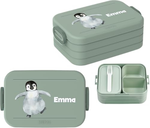 Mepal Brotdose To Go mit Namen – Personalisierte Bento Lunchbox für bis zu 4 Brote – mit Fach & Gabel – BPA-frei, spülmaschinenfest – 900 ml Midi – Nordic Sage - Pinguin