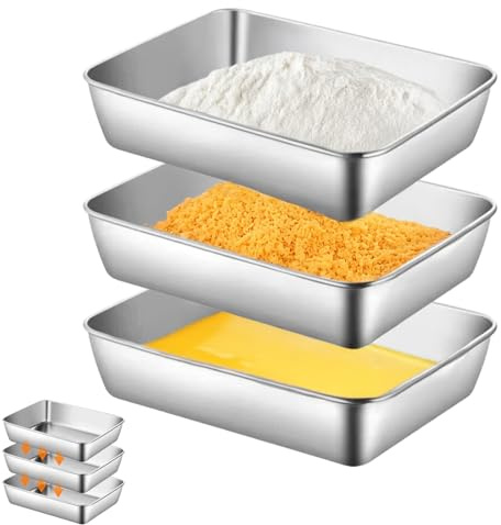 3-teiliges Panierschalen-Set 25x19x5cm, Edelstahl Panier-Set, Panierstraße Schnitzel, Panierstrasse Rechteckige Schalen für Schnitzel, Fisch, Fleisch und Gemüse, Stapelbar und Rostfrei, für Panieren