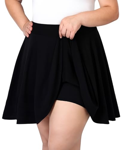 LEACOOLKEY Taglie Forti Gonna Skater Donna Corta Minigonna Tennis, Vita Alta A Line Elastica con Pieghe e Shorts Integrato,A-Nero,L (Taglie Forti)