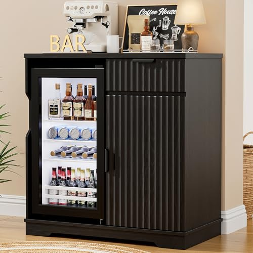Aauro Home Mini-Kühlschrank-Bar-Schrank (inkl. Kühlschrank), geriffelter Kaffee-Bar mit Kühlgerät, Ausziehschublade & Staufächer, 80 cm Wein-Likör-Ecke für Zuhause, Küche, Esszimmer, Schwarz
