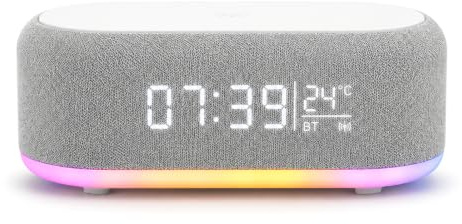 BYZESTY Bluetooth-väckarklocka med trådlös laddning, 15 W, digital väckarklocka, Bluetooth, 6-i-1 ljudalarm med nattlampor och klocka, USB-laddare för nattduksbord och kontor (vit)