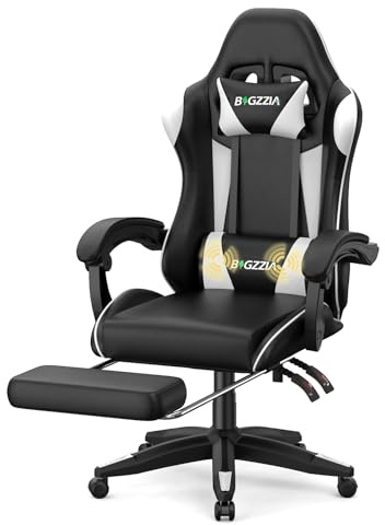 Bigzzia Gaming Stuhl mit Massagefunktion, Gaming Chair mit Fußstütze Weiß | Mit Fußstütze/Kopfstütze/Lendenwirbelstütze, 90°–135°Verstellung, Zocker Stuhl für Arbeit Freizeit Gaming, aus PU-Leder