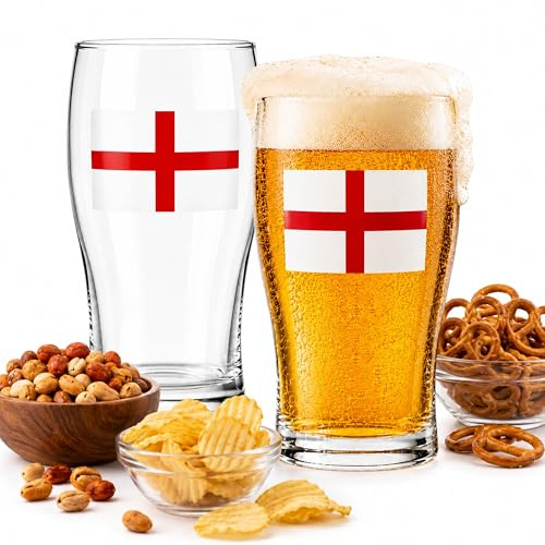 England Beer Pint Glass Set - England Flag Pack of 2 St George Glasses for IPA Beer, Lager. Football Party Men's Accessories, Birthdays