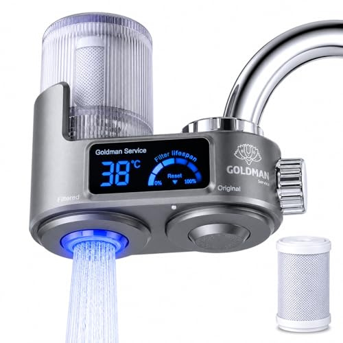 GOLDMAN SERVICE Filtro Purificador de Agua para Grifo con Pantalla Digital, Indicador de Temperatura en Tiempo Real, Filtro de Repuesto Incluido y 6 Adaptadores Universales