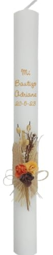 Vela para Bautizo de Cera Blanca, Pick Floral Rústico, Personalizada | Decorada con Pick Floral Rústico lazo de cordón y cintade arpillera
