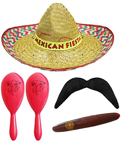I LOVE FANCY DRESS Mexikaner Party VERKLEIDUNGS Set Mexico Party = 1 Sombrero Aufschrift -Fiesta- +Plastik ZIGARRE + 1 SCHNÄUTZER + 2 Maracas = 2 ROTEN Maracas