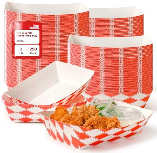 Fit Meal Prep [250 Pack 2 lb Paper Food Boats Heavy Duty Disposable Food Trays, Red Check Nacho Tray for Parties Fairs Picnics Carnivals Holds Tacos Nachos Fries Hot Dogs Grease Resistant