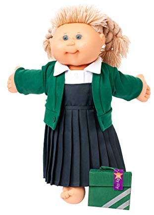 UK COMPANY FRILLY LILY SCHOOL UNIFORM ONLY FOR VINTAGE CABBAGE PATCH DOLL 17 INCH[ DOLL NOT INCLUDED] GREY PINAFORE,WHITE BLOUSE,GREEN CARDY, GREEN BOOK BAG