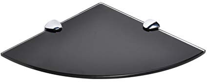 BSM Marketing Eckregale aus gehärtetem Glas für Badezimmer, Schlafzimmer, Küche, Büro, 250 mm, 6 mm dick, schwarz, weiß oder transparent, mit großen verchromten Regalhalterungen, Schwarz