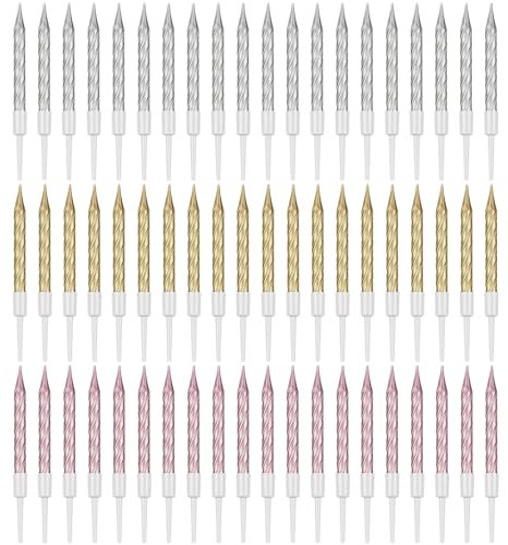 60 Pieces Gold Birthday Candles Spiral Cake Candles Metallic Cake Cupcake Candles Short Thin Birthday Candles with Holders for Birthday Wedding Party Cake Decorations (Gold, Silver, Rose Gold)