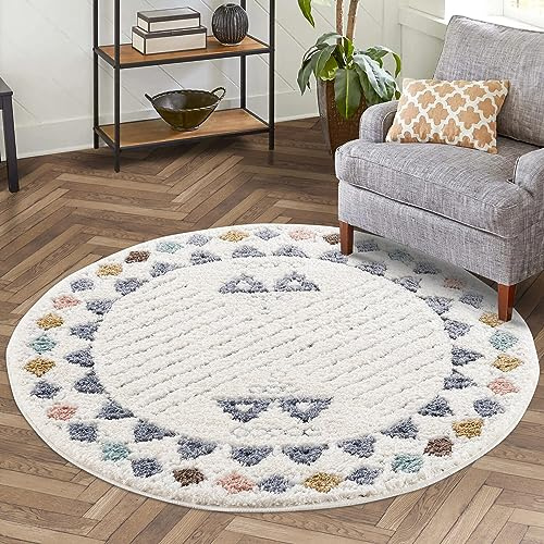 carpet city Teppich Hochflor Wohnzimmer - 120x120 cm Rund - Boho-Style Bordüre Creme Multi - Cut-Loop, Hochtief, 3D-Effekt - Shaggy Teppiche Flauschig-Weich Schlafzimmer Langflor