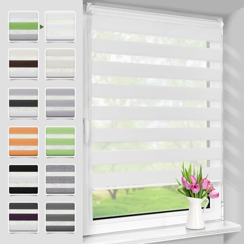 Deswell Store Enrouleur Jour Nuit sans Perçage, Tamisant pour Fenêtre ou Porte, Installation Facile avec Clips, 65 x 120 cm (Largeur du Tissu 61 cm), Blanc