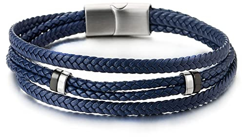 COOLSTEELANDBEYOND Herren Damen Multi-Strang Navy Blau Lederarmband Armband Geflochtene Leder Schweißband mit Edelstahl Magnetverschluss