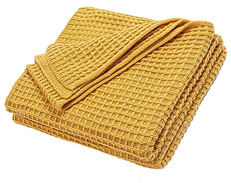 Kuscheldecke Strick 130x150 cm Gelb Senfgelb Curry Strickdecke Warme Weiche Decke Edlem Schlichten Strickmuster