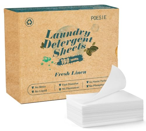 Poesie Laundry Detergent Sheets Fresh Linen Scent 160 Sheets 80 Large Loads Plastic Free Fast Dissolve Washing for All Washing Machine Traveling Dorm Life Save Space