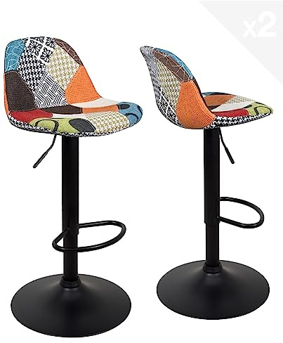 KAYELLES Lot de 2 Tabourets de Bar Patchwork Multicolore SIG Réglables Pivotants 360° avec Dossier et Repose-Pieds