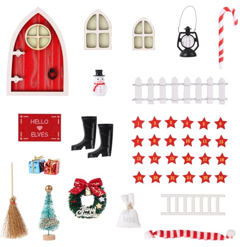 Wichteltür Weihnachten 40Pcs Wichtel Zubehör Miniatur Rot Wichteltür Zubehör Weihnachtsdeko Elfentür Zubehör Weihnachten mit Briefkästen Zäun Leiter Stiefel Kranz Teppich Feentür für Kinder Geschenke