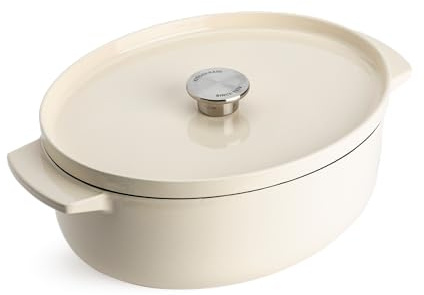KitchenAid Cast Iron Ø30cm/5.6L Oval Casserole with Lid,High-Quality,Robust & Durable,Searing,Browning or Frying,PFAS-Free Enamel Interior,Induction,Ergonomic Handle,Oven Safe up to 260°C,Almond Cream