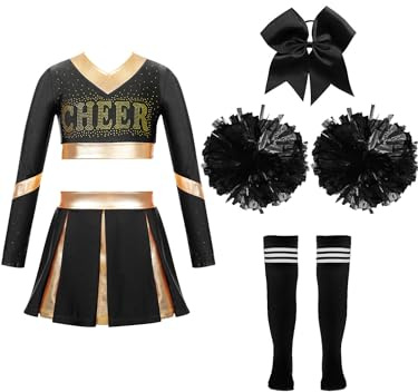iiniim Mädchen Cheer Leader Kostüm Cheerleading Uniform Kleid Langarm Crop Tops mit Rock Pompoms Socken Cosplay Halloween Fasching Karneval C Schwarz 134-140