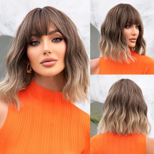 testar Kurze Braune Perücke Mit Pony Ombré Blonde Haarperücken Für Frauen Natürliche Gewellte Bob Perücken Kurze Lockige Perücke Synthetische Perücken Für Mädchen Tägliche Partykleidung