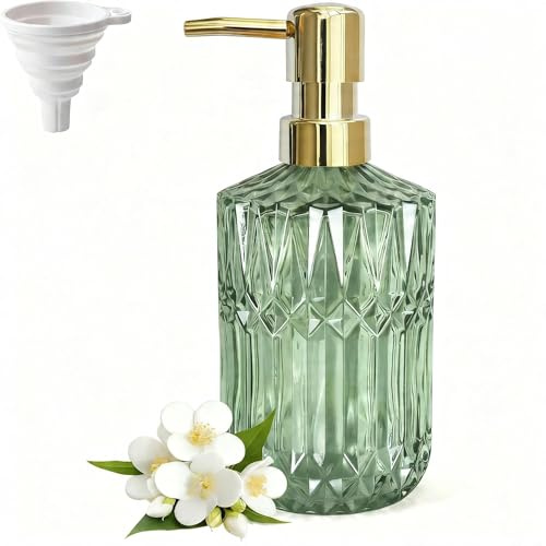 LaMarriti Distributeur de Savon en Verre Vert avec Pompe antirouille dorée, Distributeur de Savon de Cuisine Rechargeable en Verre Transparent, Distributeur de Lotion de Salle de Bain pour Savon pour