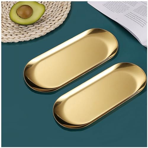 Lot de 2 plateaux dorés - Plateau décoratif doré - Plateau de service doré - Petit miroir en acier inoxydable - Pour aliments, bijoux, cosmétiques, bougies, serviette (ovale, XL, 23 x 9,5 cm)