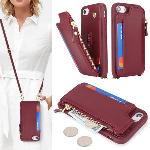 SailorTech für iPhone 7/8/SE 2020/SE 2022 Handyhülle mit Kreditkartenhalter für Damen, iPhone 7/8/SE2/SE3 Lederhülle, Geldbörse, Umhängetasche, mit Kreditkartenfächern, Reißverschluss, stoßfeste Hül