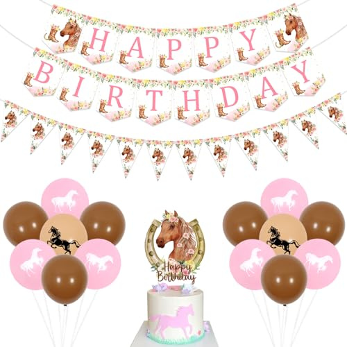 Jollyboom Kindergeburtstag Deko: Mädchen Pferd Happy Birthday Banner Rosa Floral Wimpelkette & Luftballons Cake Topper für Pferderennen Party