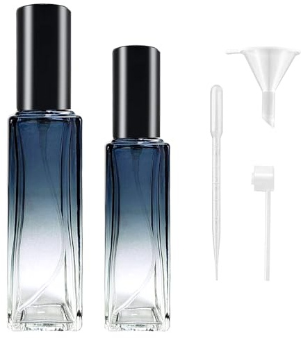 EQLEF Botellas Atomizadores de Perfume 20 ml y 10 ml, 2 Pulverizadores de Perfume de Vidrio Azul Degradado, Pulverizadores de Niebla de Botella Vacía, con Gotero de Embudo y Boquilla Larga