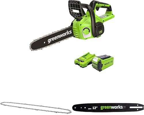 Greenworks Akku Kettensäge mit Akku und Ladegerät, 12 Zoll (30 cm) Blattlänge 40V 2Ah Akku + Greenworks 30cm Ersatzkette für Kettensäge+ Greenworks 30cm Original Führungsschiene für Kettensäge