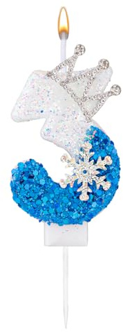 Schneemotiv-Geburtstagskerzen, Weiß-Blaue Geburtstag Nummer Kerzen Schneeflocken-Glitzer-Zahlenkerzen Geburtstags-Hochzeitstortendekoration für Kinder und Erwachsene (Zahl 3)