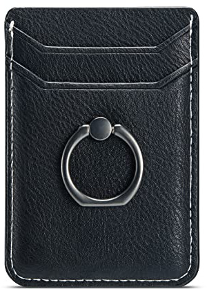 DMaos Card Holder Sleeve with Ring, RFID Credit Wallet Synthetic Leather Stick On Back Grip for iPhone Samsung Smartphone - Black