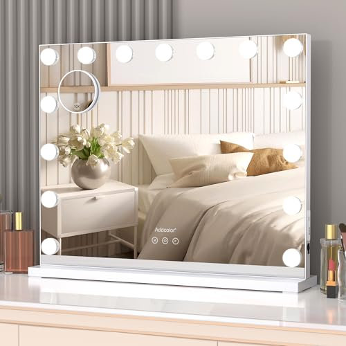 ADDCOLOR Hollywood Vanity Mirror with Lights, Vanity Mirror with USB Charging Port, 15 LED Lights and 3 Adjustable Lighting Modes, Mirror with Light (58 x 12 x 46 cm)