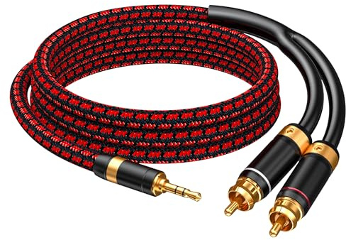 Primeda 3.5mm to 2 RCA Audiophile Audio Cable Stereo Braided Gold Plated Oxgen-Free Copper Core for Smartphones Tablets Speakers Home Theater (Straight 3.5mm, 3.2FT)