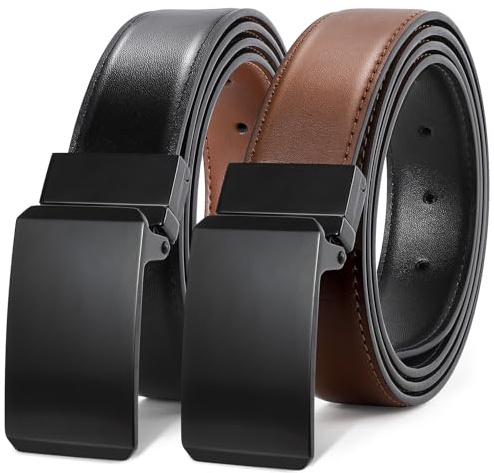LEACOOLKEY Cinturón reversible de cuero para hombre, cinturón de vestir de 3,3 cm, para regalo, casual, golf, pantalones, camisas, recortado para adaptarse, F-negro+marrón, Fit waist 42-45''(belt