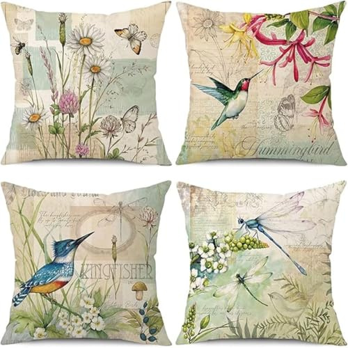 Kissenbezüge 4er Set 35x35cm Dekorative Kissenhülle, Leinen Zierkissenbezüge mit unsichtbarem Reißverschluss, Weich Kissen Bezug Zierkissen für Sofa Wohnzimmer Zuhause Dekor, Retro grüne Blumen SD1723