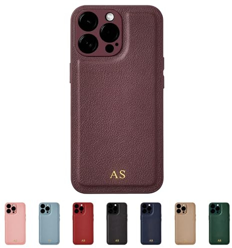 Tirita Personalisierte Handyhülle für iPhone 15 Pro Max Hülle - Handyhülle Selbst Gestalten aus Veganem Leder & Initialen Personalisieren - Geschecke für Frauen & Männer - Burgunder, Gold