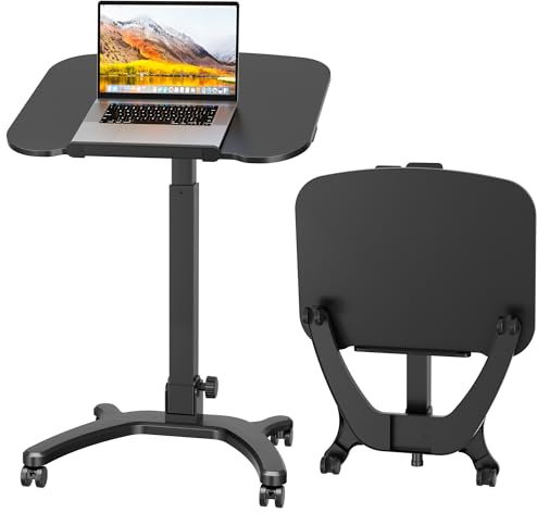 BONTEC Scrivania Pieghevole Salvaspazio 65x50 cm con Ruote, Regolabile in Altezza 75,5-111 cm, Piano Inclinabile a 90°, Tavolino PC da Letto per Ufficio e Casa, Facile da Riporre, Design Moderno, Nero