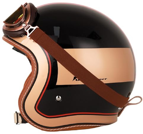 WZGGTEAM Open Face Motorbike Helmet, Retro Motorcycle Half Helmet with Goggles, ECE22.05 Approved, Motorbike Open Face Crash Jet Helmet for Men Women