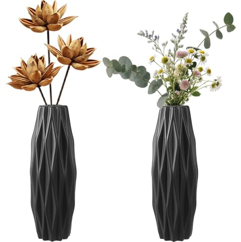 2 Pezzi Vaso da Fiori in Plastica,Stile Nordico Decorazioni per la Casa Vaso in Ceramica Imitato,Facile da Mantenere,per Soggiorno,Sala da Pranzo,Balcone,Ufficio(Nero)