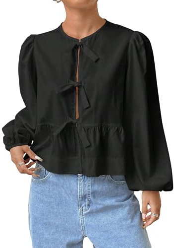 GORGLITTER Blusskjorta damer långärmad blus med rosett fram eleganta toppar damblusar modern chic topp blus topp lös volangblus, svart, S