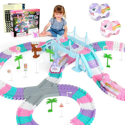 Spielzeug ab 3 Jahre Junge, Autorennbahn ab 4 5 6 7 8 Jahre, Flexibles DIY Gleis-Set Flexible Rennstrecke von 2 Unicorn Cars (Autorennbahn Einhorn) | Glow in The Dark Magic Toy Set, 2 Unicorn Cars Track, Birthday Gift for Age 3-9 Boys Toddler Girls