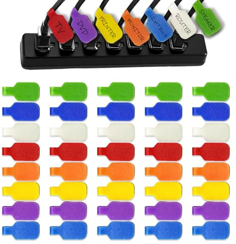 Aurinovellia 40 Stück Nylon Kabeletiketten, Selbstklebend Kabel Beschriftung, Wiederverwendbar, Reißfest Kabelmarkierung, Für Kabelmanagement, Kennzeichnung, Klassifizierung 8 Farben 4,5 × 2 cm