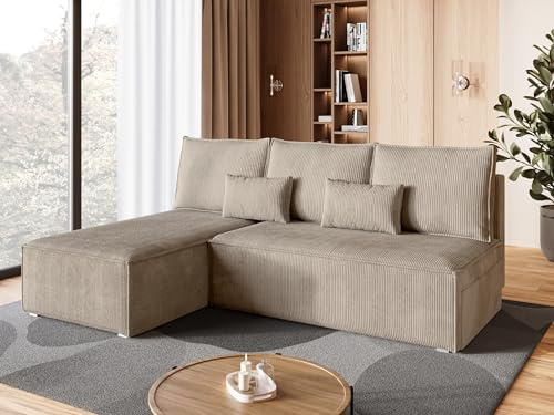 BROMARKT Ecksofa mit Schlaffunktion Beige Sofa mit Bettkasten Couch L Form | Wohnlandschaft Eckcouch Freistehend Polstercouch Schlafsofa Schlafcouch Stauraum 200 cm Breite 3 Sitzer Möbel Stoff Cord