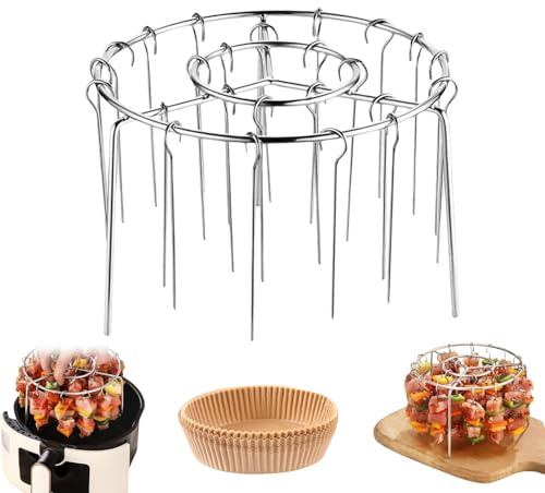 Air Fryer Barbecue Grill Vertical Barbecue Kebab, 6 Inch Round Air Fryer Skewer Stand, Stainless Steel RoundSkewer Rack, with Anti-Scalding Gloves, Hanging Oven Grill Accessories (24 Skewer+Paper)