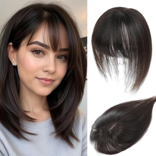 Haar Toppers für Frauen aus echtem Menschenhaar mit Pony, handgenäht 360°3D-Abdeckung, natürlich für dünner werdendes Haar Haarstücke für Frauen Topper (Dark Brown)