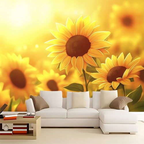 Murales Papel Pintado Salon Girasol amarillo 300x210 cm Fotomurales 3D Tejido No Tejido Papel Tapiz Fotográfico Decorativos Murales Dormitorio Oficina Hotel